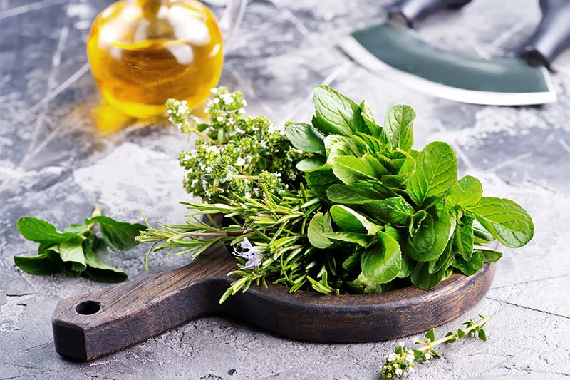 freshly cut herbs on cutting board