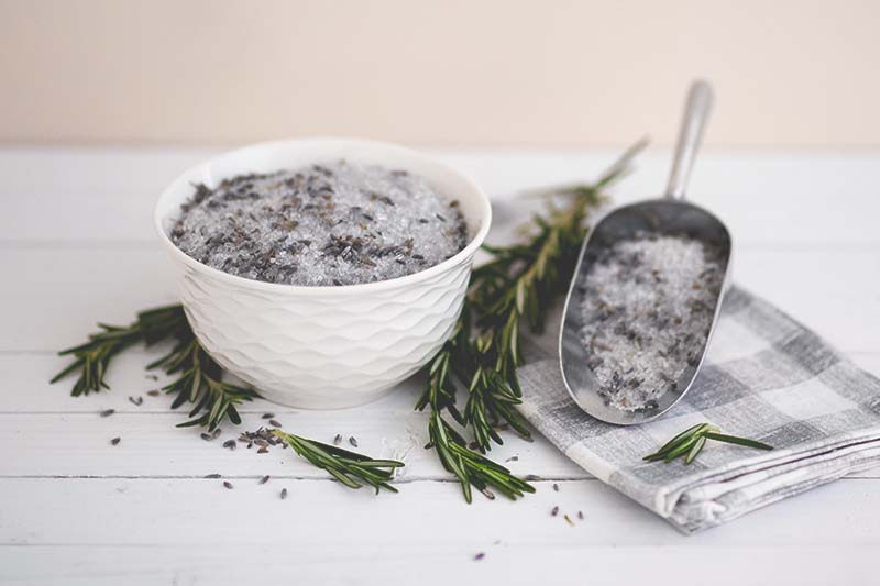 lavender rosemary herbal bath salts in a bowl