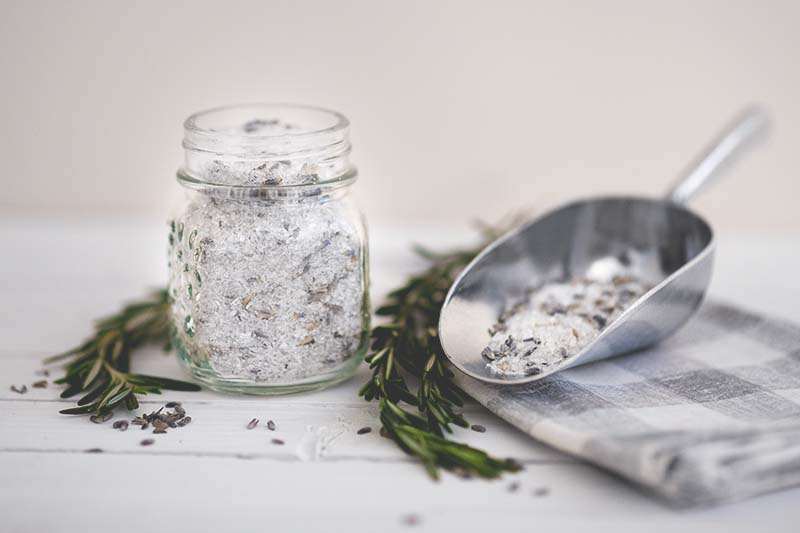 lavender rosemary herbal bath salts in a jar